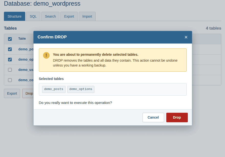 phpMyAdmin DROP confirmation warning