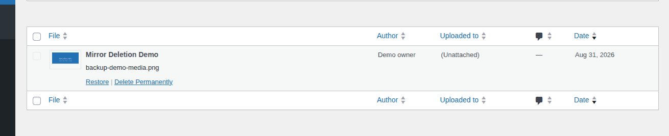 WordPress Media Library trash showing a recoverable deleted demo attachment