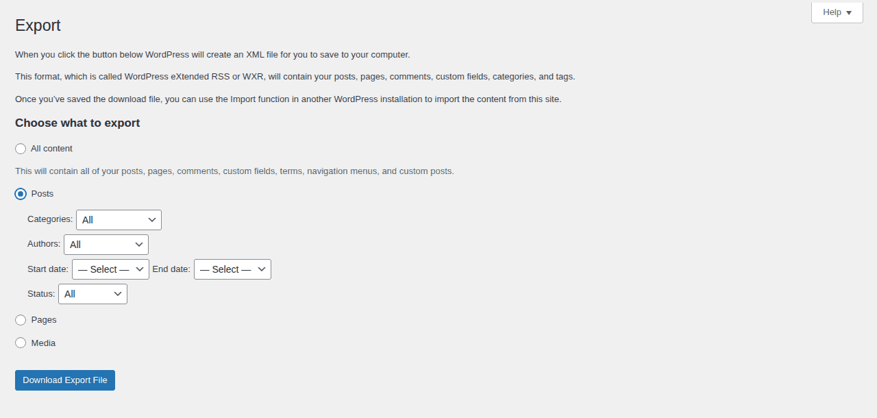 WordPress export tools for a partial content backup