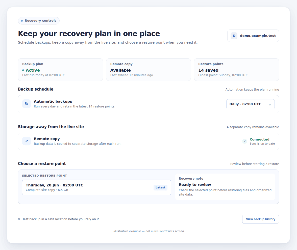 Illustrative backup-plugin controls for scheduling, remote copies, and restore points.