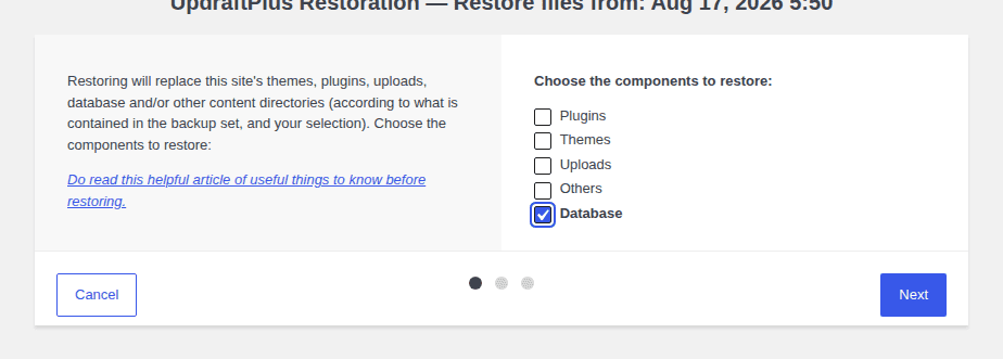 UpdraftPlus restore selector with only Database selected