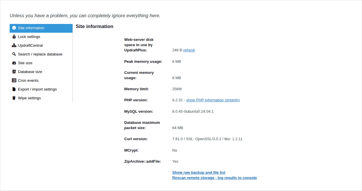 UpdraftPlus support and diagnostic controls for preparing restore evidence
