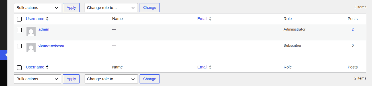 WordPress Users screen for checking accounts and roles