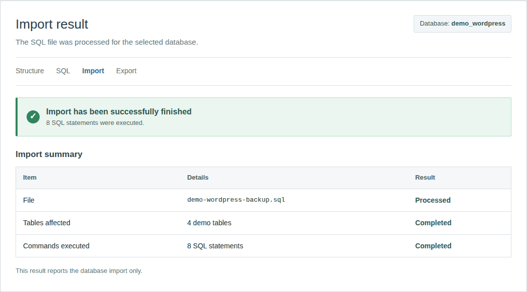 phpMyAdmin completed import result