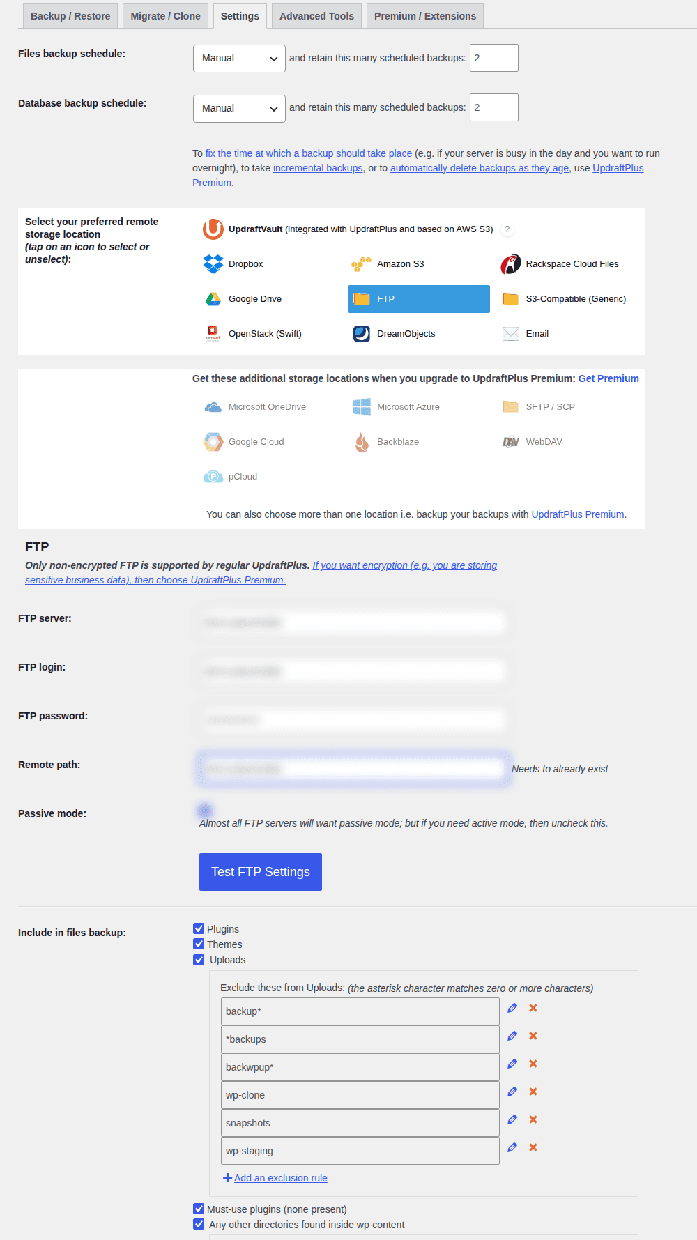 UpdraftPlus settings for scheduled backups, remote storage, and component selection