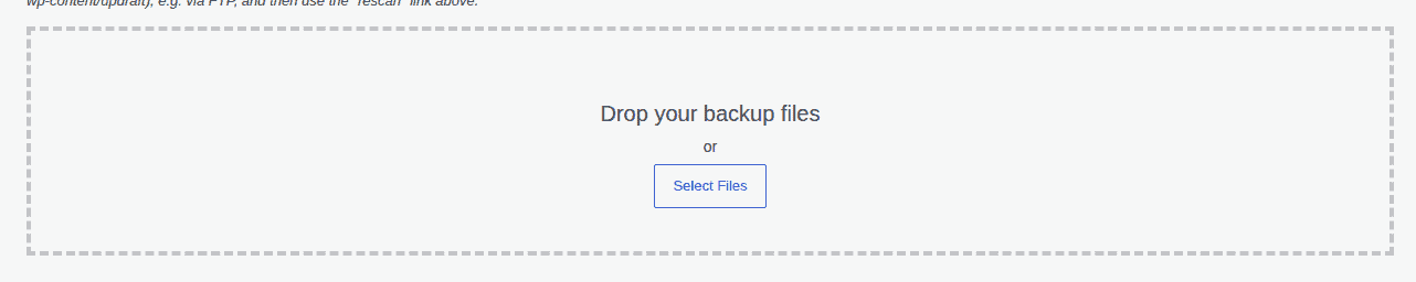 UpdraftPlus interface for uploading backup files during manual recovery