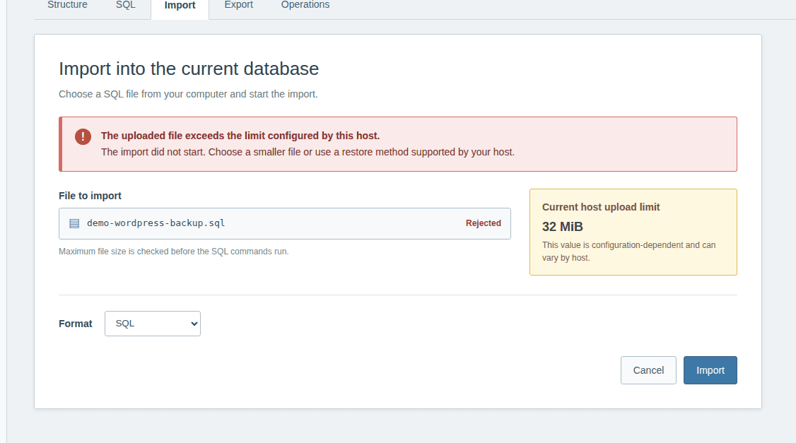 phpMyAdmin upload size limit error