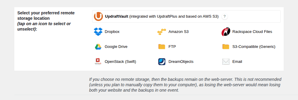 UpdraftPlus remote storage settings for an off-server recovery plan
