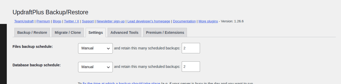 UpdraftPlus backup schedule controls for planned restore preparation