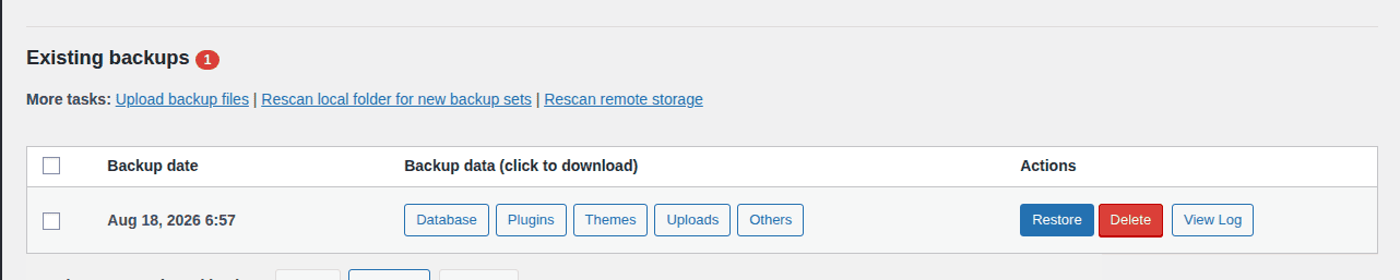 UpdraftPlus backup row showing timestamp, components, log, and restore actions