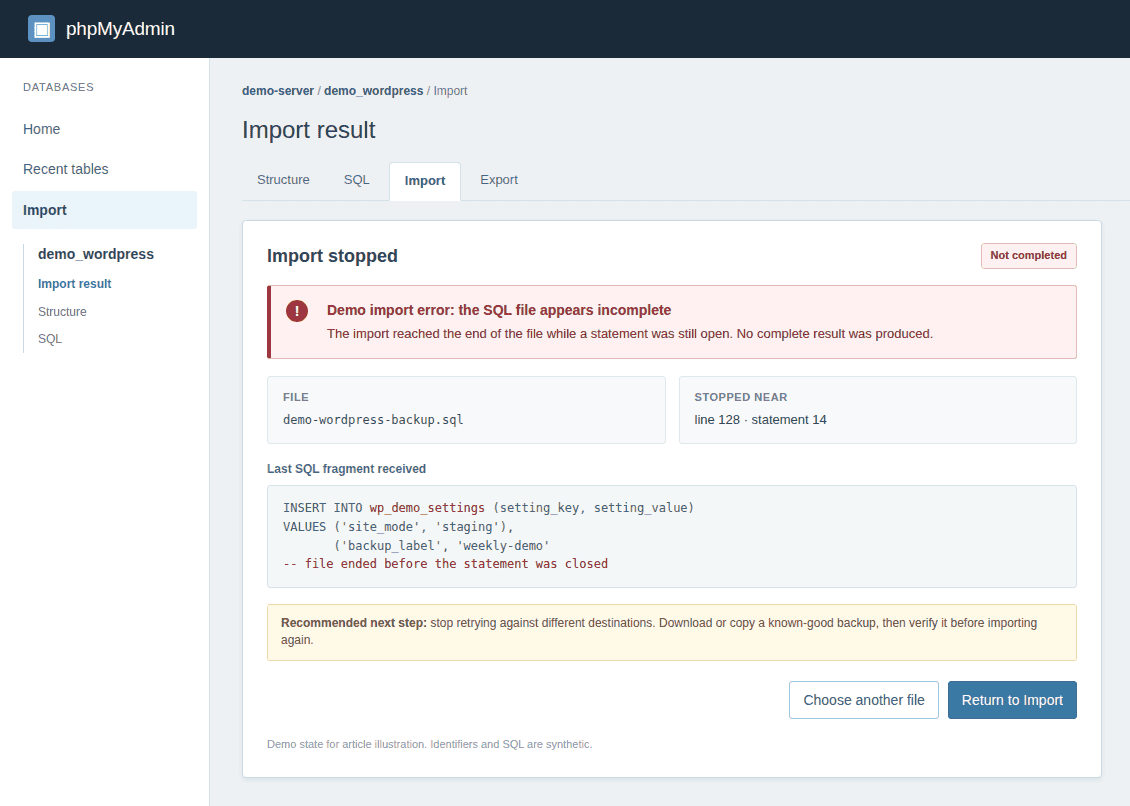 phpMyAdmin error from an incomplete SQL import