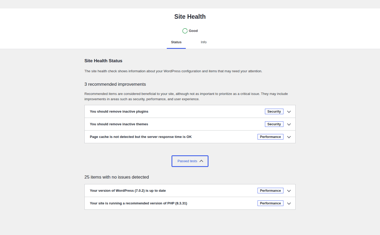 WordPress Site Health status after recovery
