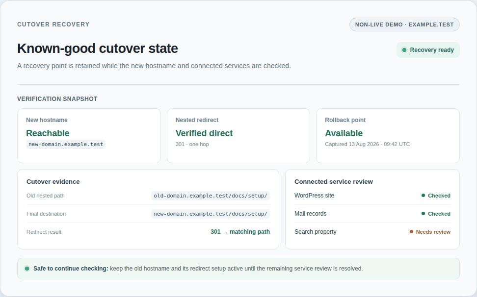 Cutover recovery status with redirect and rollback checks