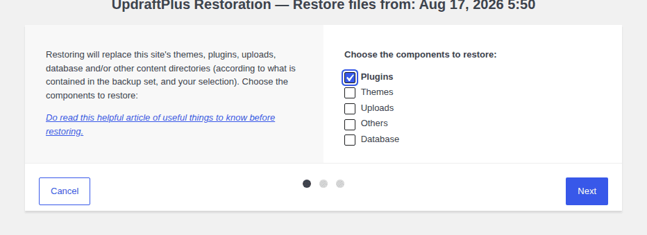 UpdraftPlus restore selector with one file component selected for a safer retry