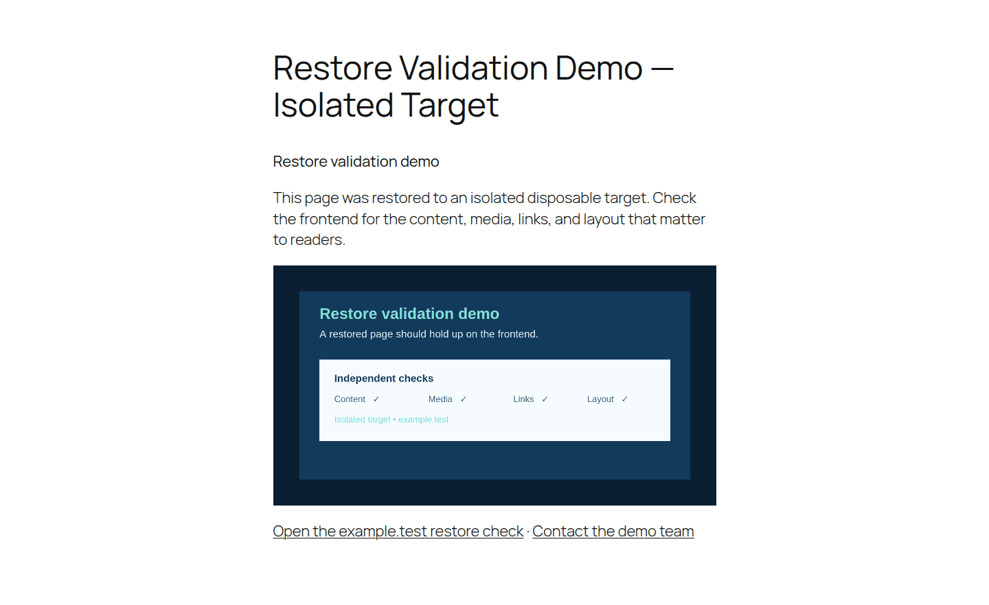 Restored WordPress demo page used to validate recovery