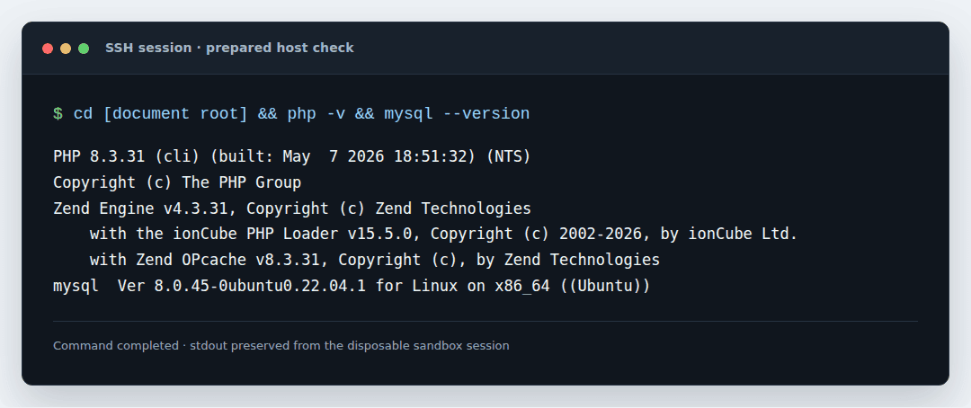 Terminal showing PHP and MySQL versions