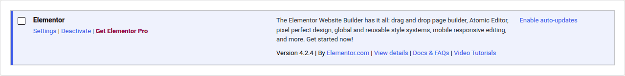 Elementor active in Installed Plugins with version and controls visible