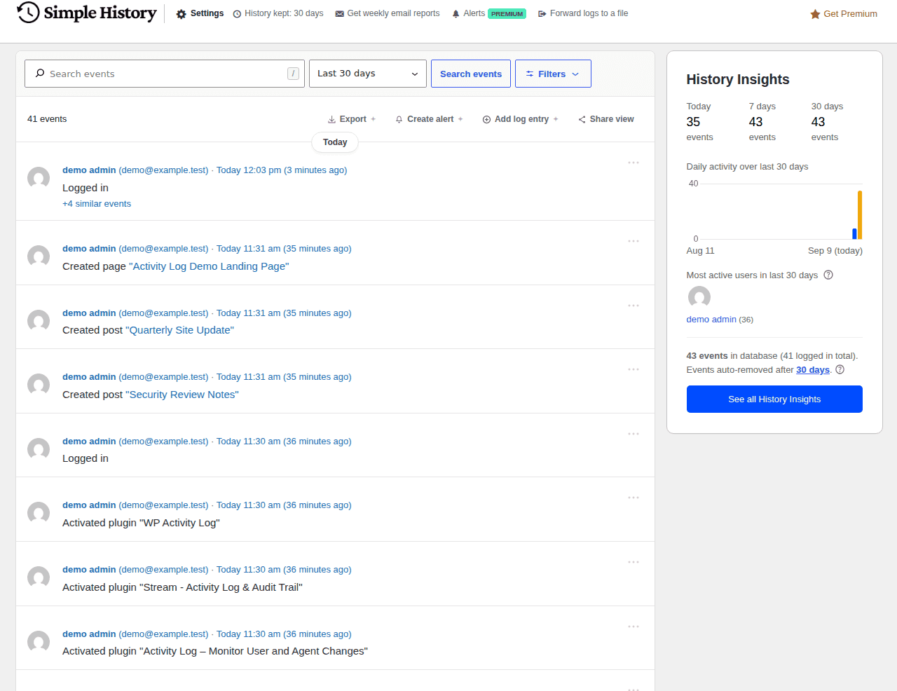 Simple History event log with searchable activity records