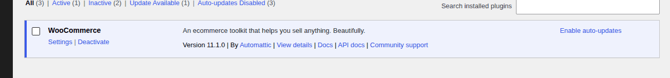 WooCommerce active in the WordPress Plugins list with version 11.1.0