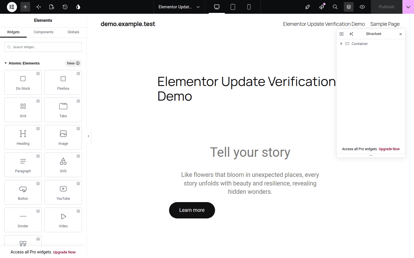 Elementor editor with page preview and structure panel