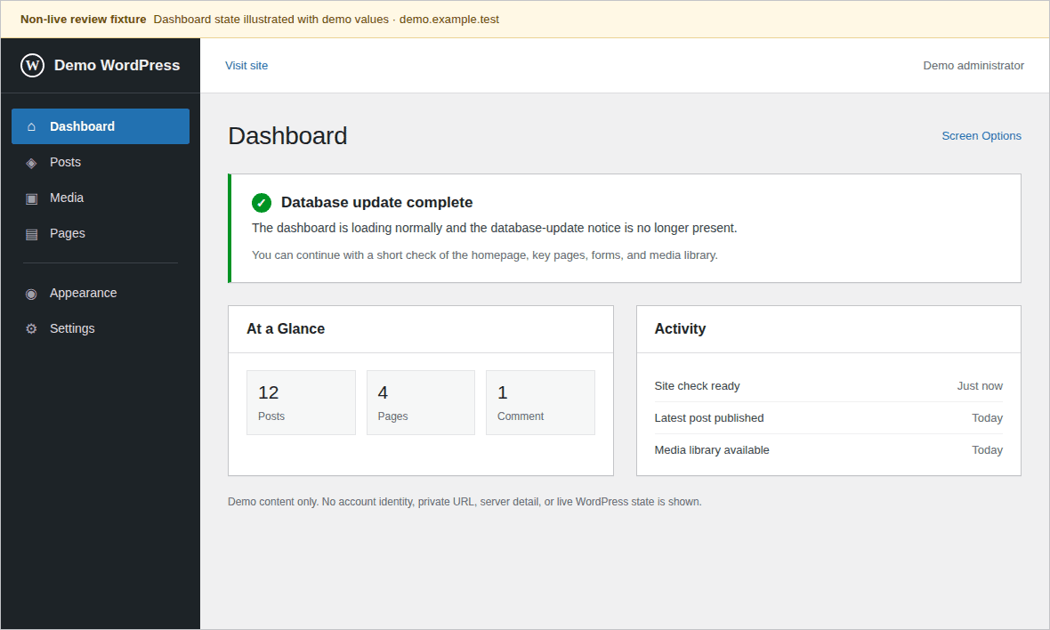 WordPress Dashboard with the database update notice cleared
