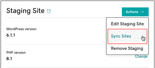 GoDaddy Staging Site Sync Sites action