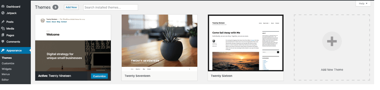 WordPress Dashboard Appearance Themes screen showing the active theme and installed themes