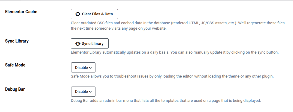Elementor Tools General cache and Safe Mode controls