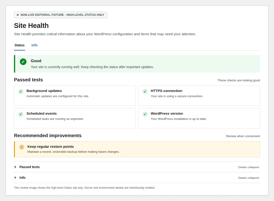 WordPress Site Health status screen after the database update