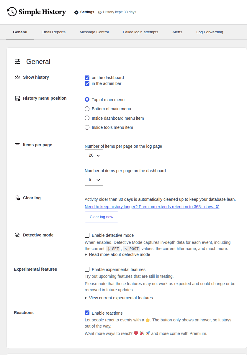 Simple History settings for retention and log visibility
