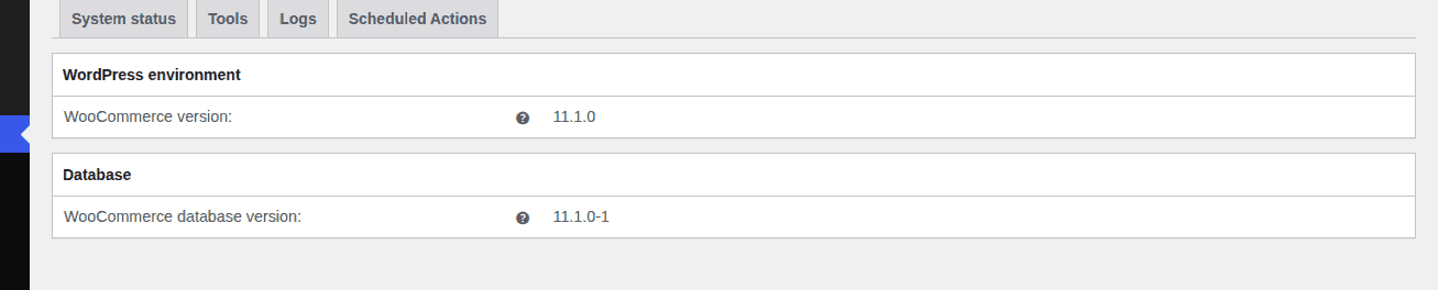 WooCommerce System Status report showing installed and database versions