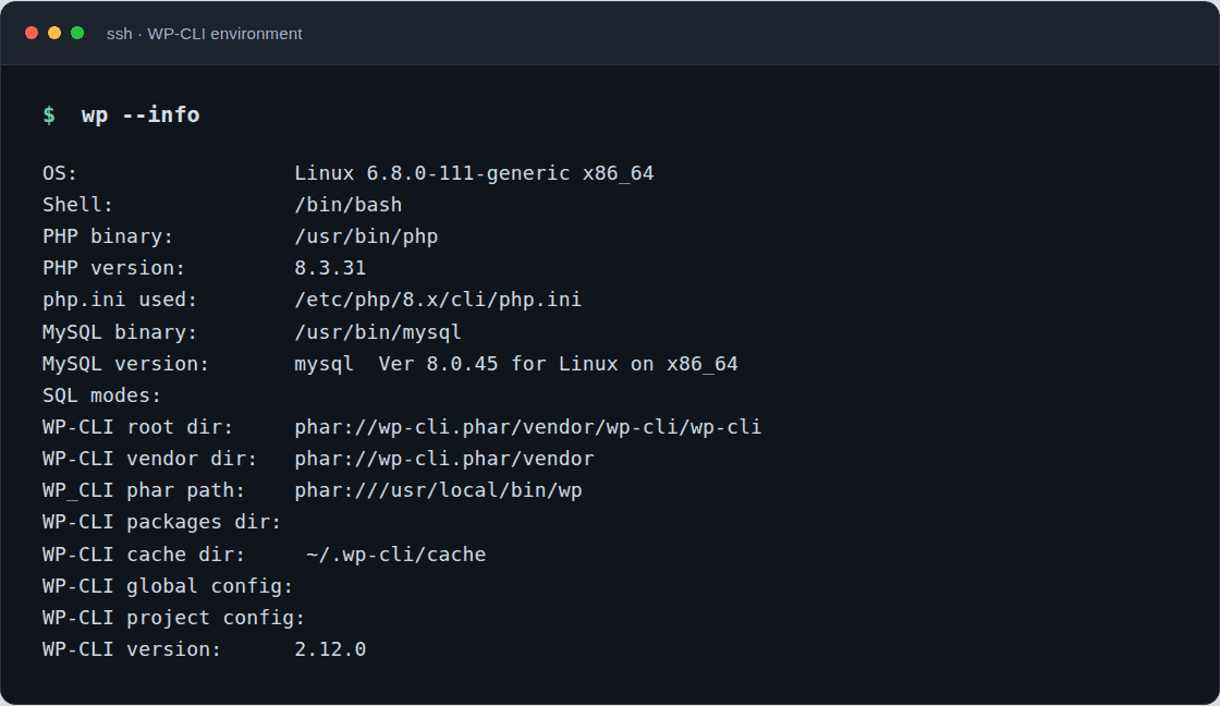 WP-CLI environment and PHP runtime output