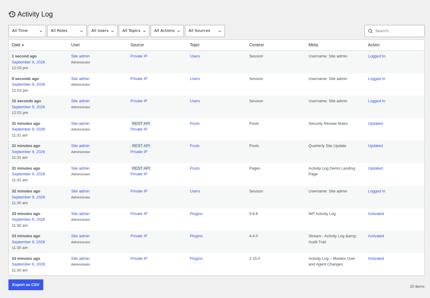 Activity Log records with request-source filters