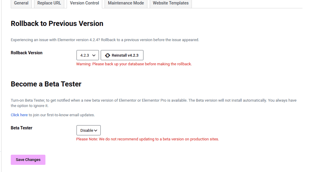 Elementor Version Control rollback and beta warnings