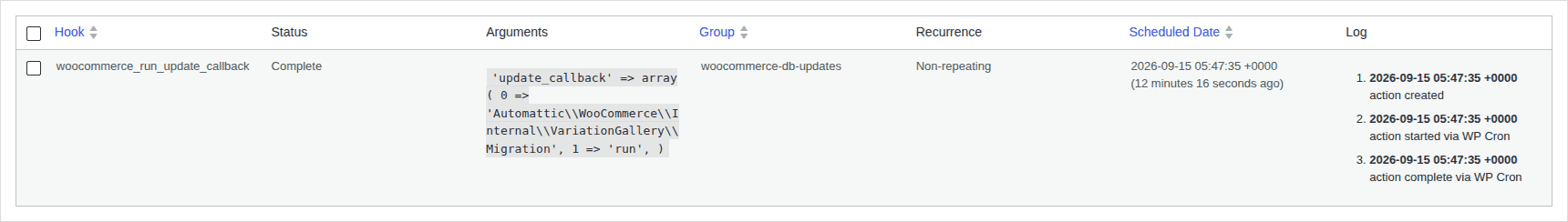 Completed WooCommerce database update callback in Scheduled Actions