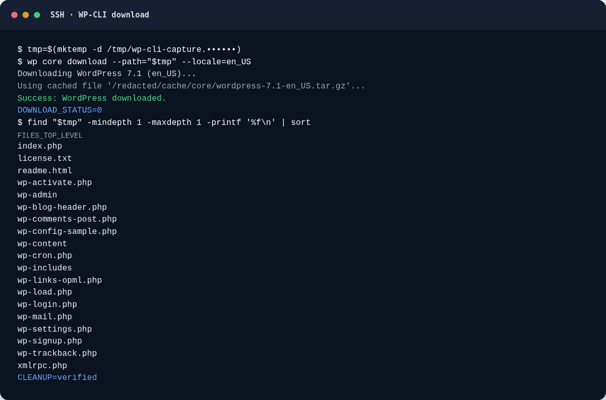 WP-CLI WordPress core download output