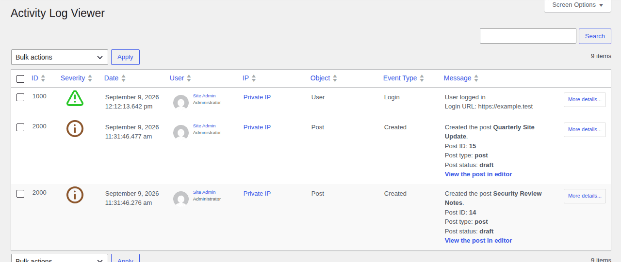 WP Activity Log viewer showing detailed event records