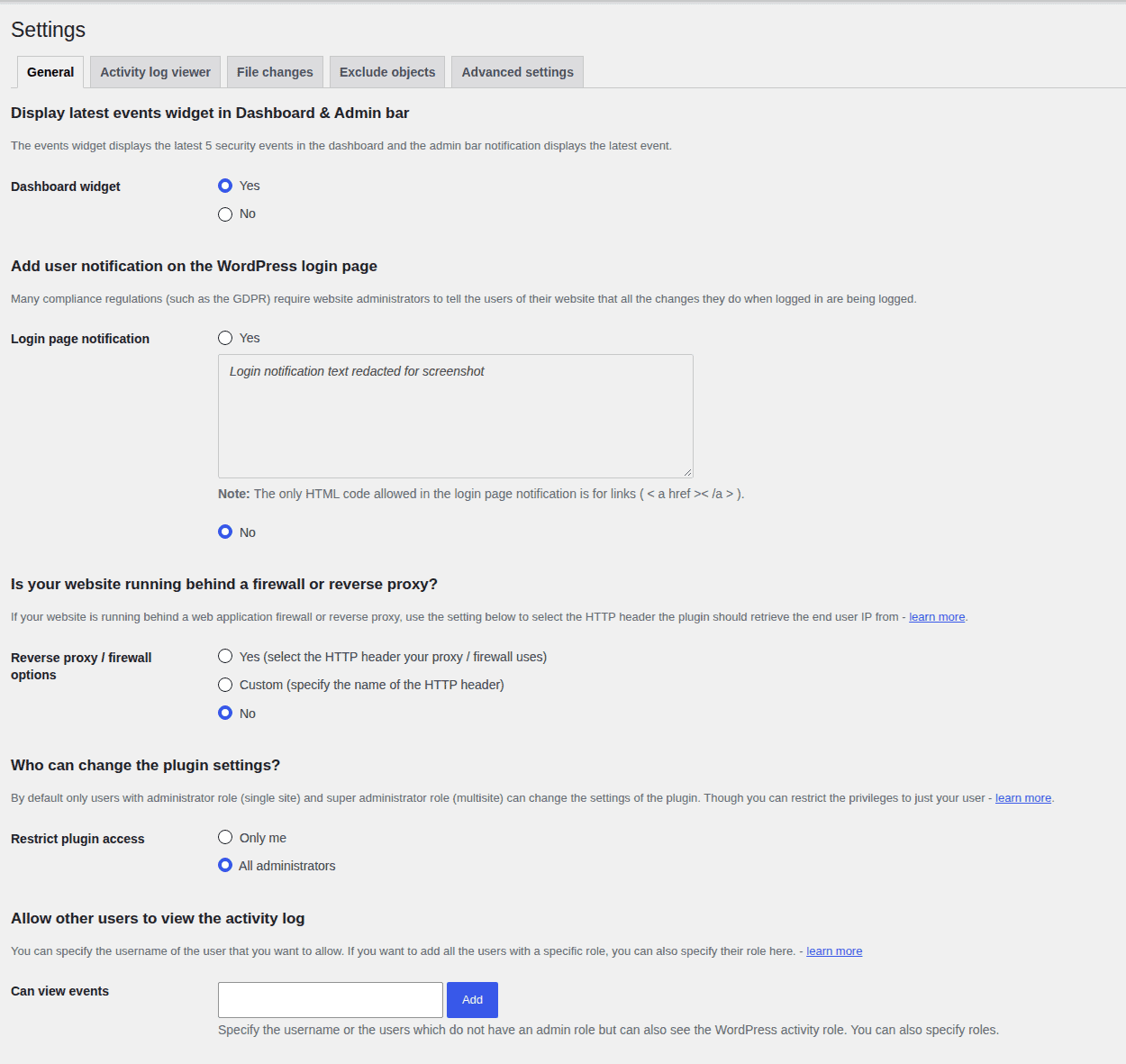 WP Activity Log settings for access and source controls