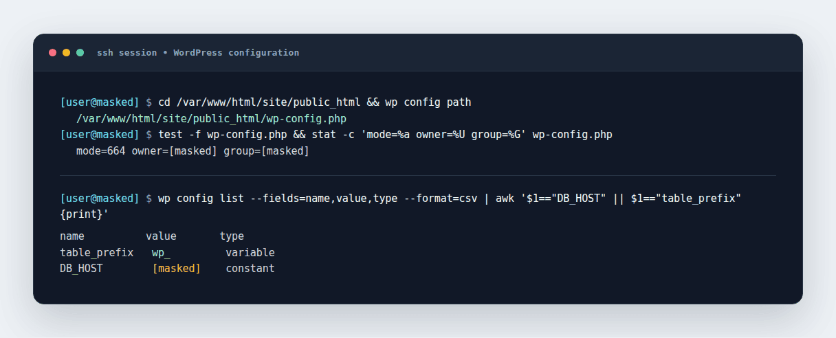 Sanitized wp-config.php fields and permissions