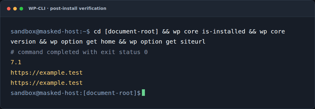WP-CLI post-install verification output