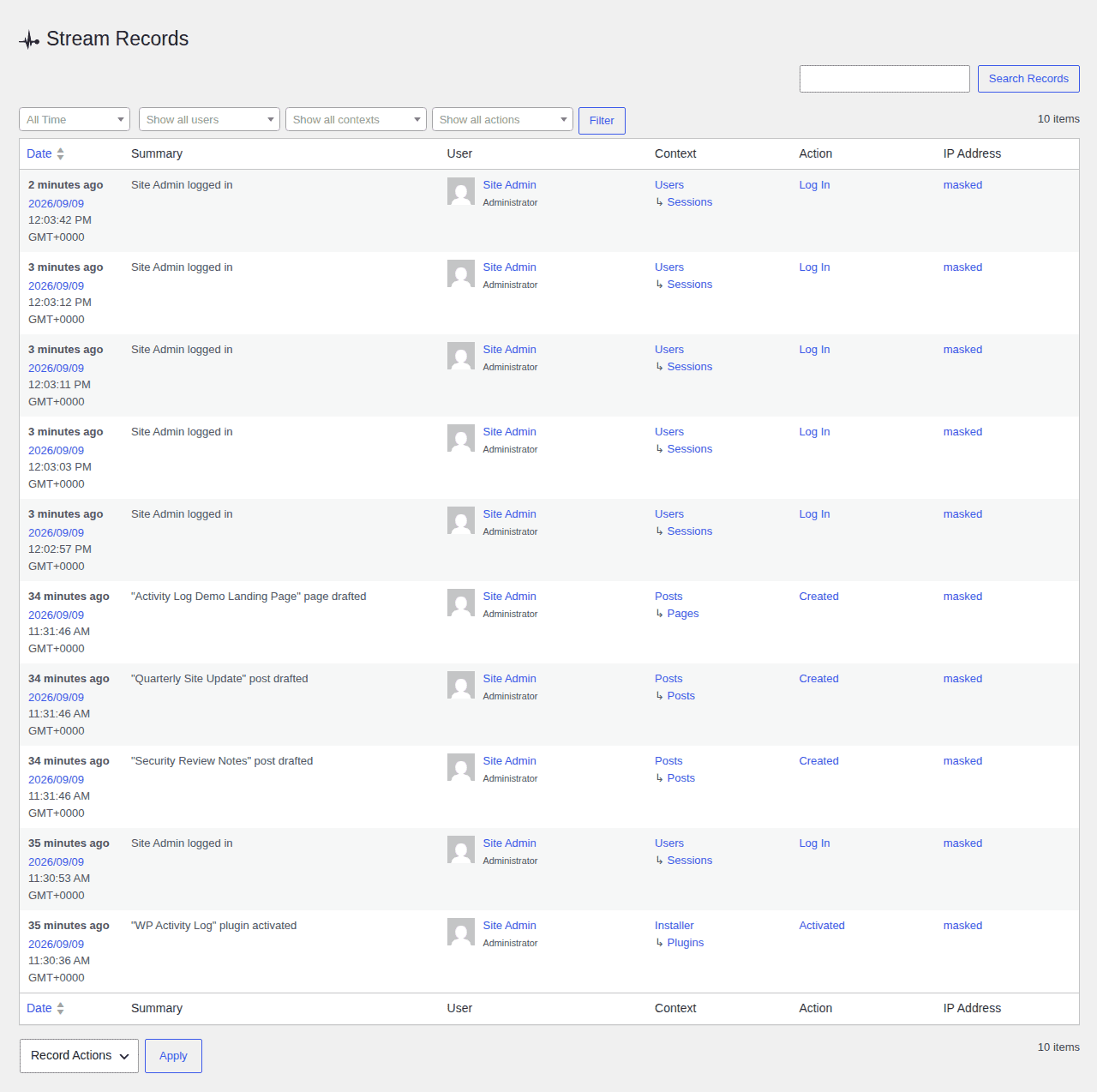 Stream records table with developer-focused filters