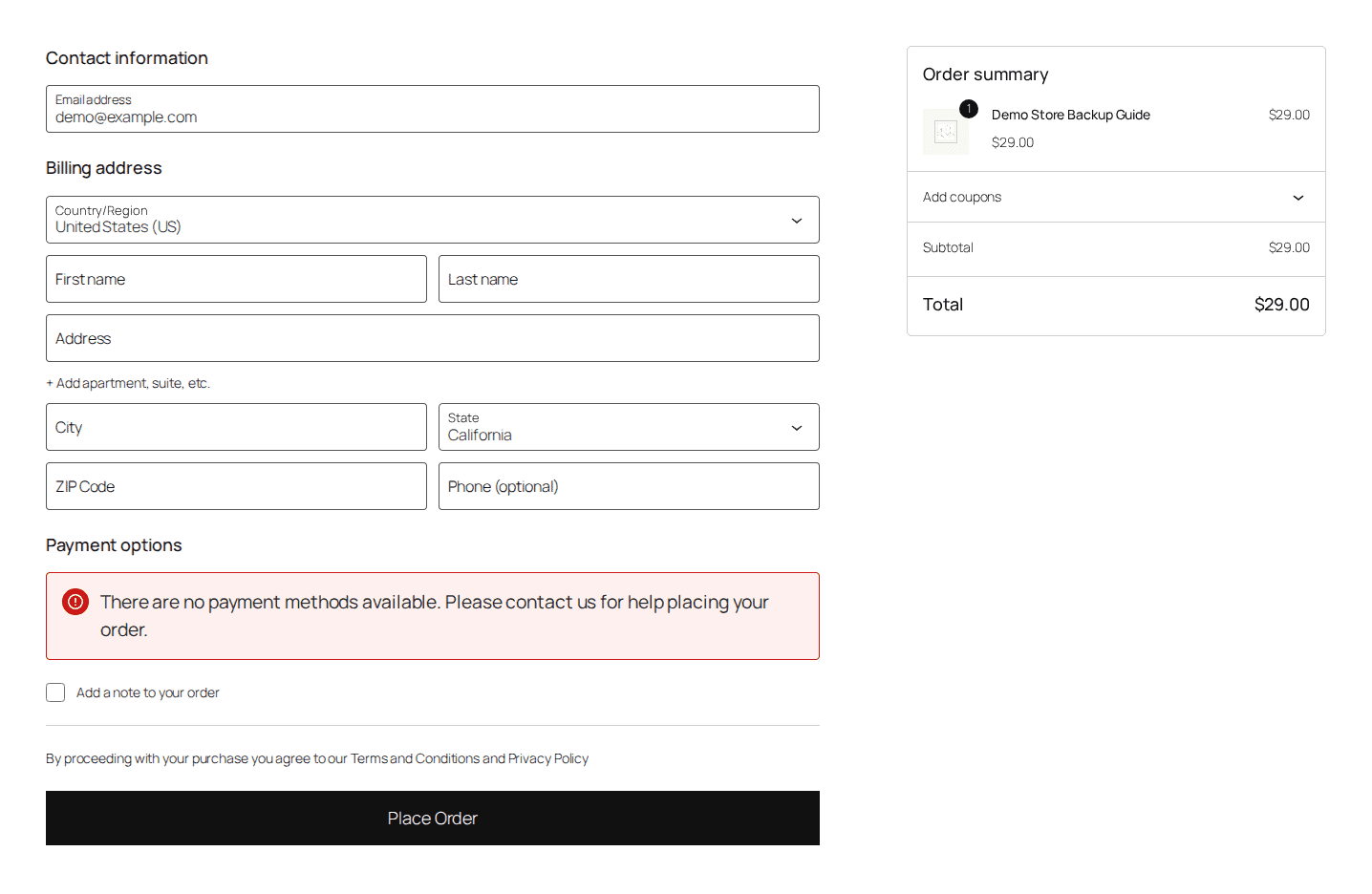 WooCommerce checkout with the demo item in the order summary