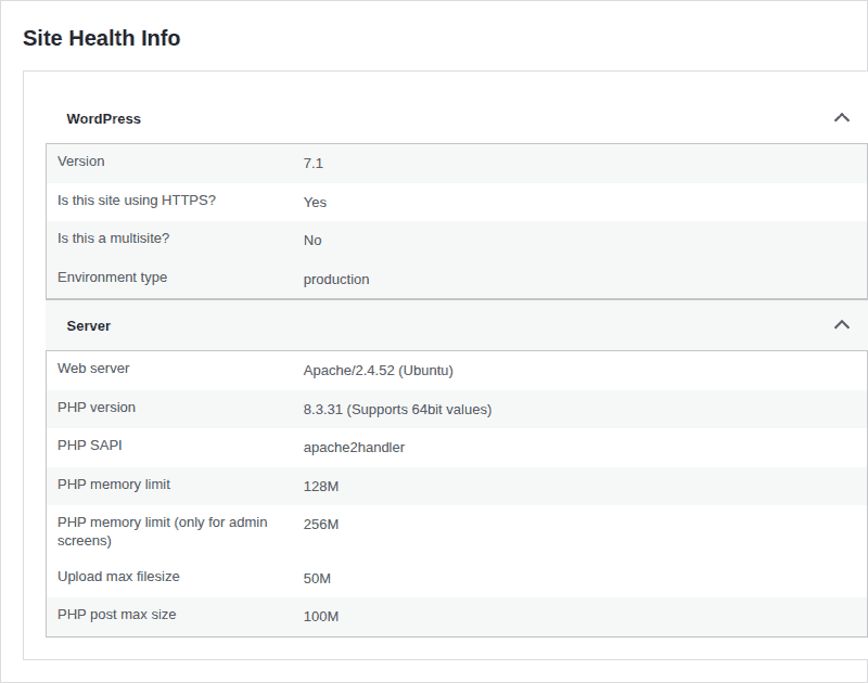 WordPress Site Health WordPress information
