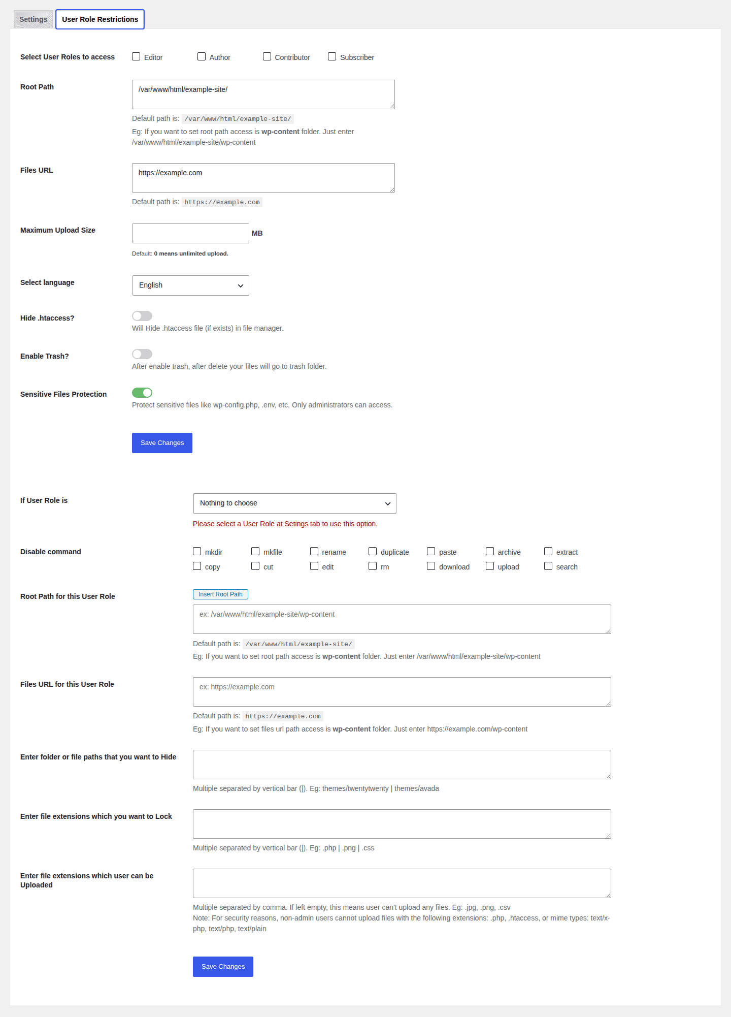 Filester access and upload settings