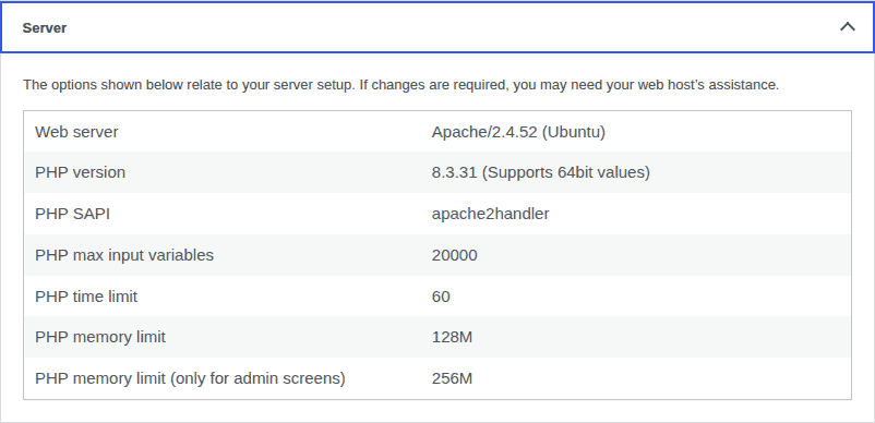 WordPress Site Health server environment details