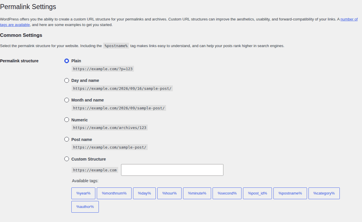 WordPress permalink settings