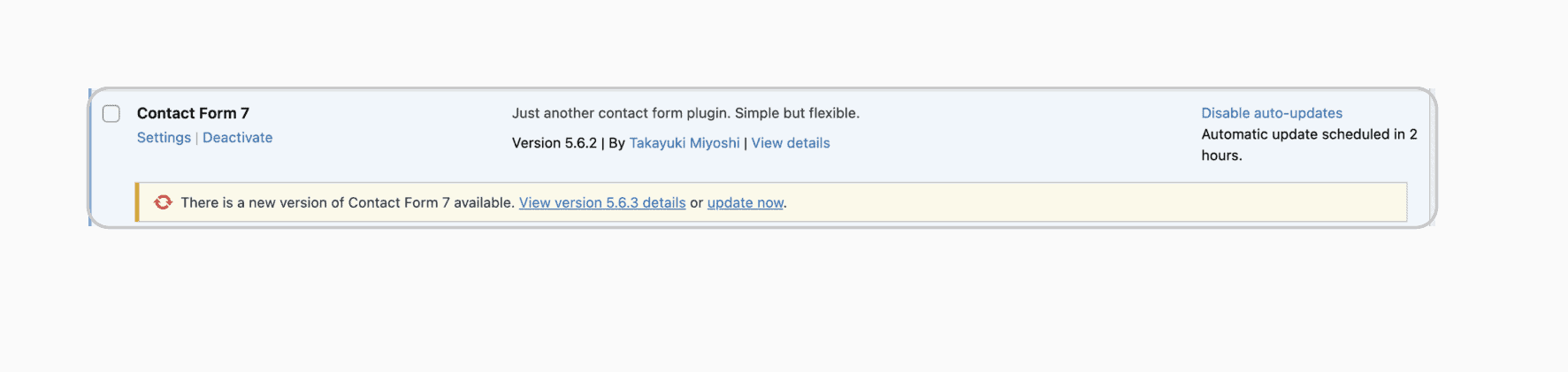 WordPress Plugins screen showing an update control and scheduled auto-update status