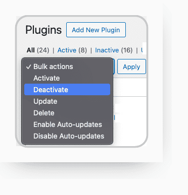 WordPress Plugins screen with the Deactivate bulk action selected