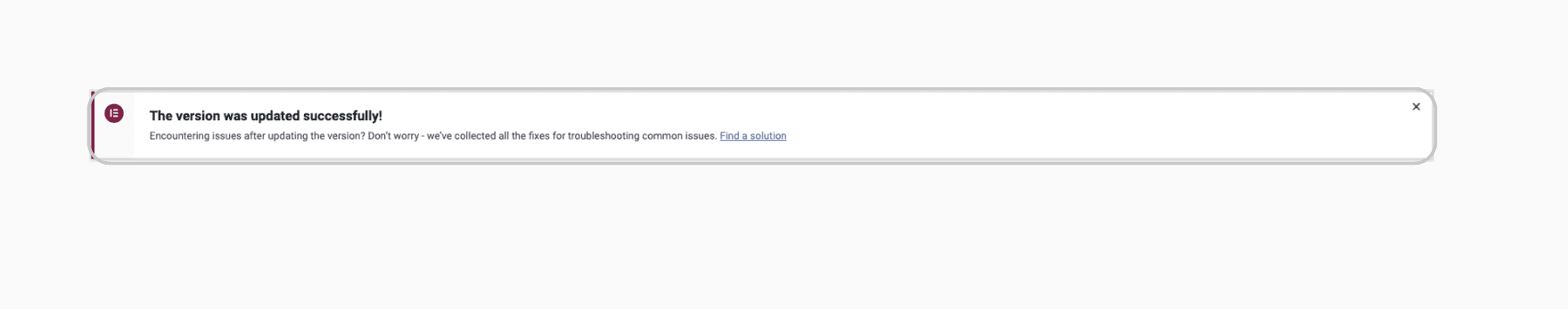 Elementor update succeeded notification with troubleshooting link