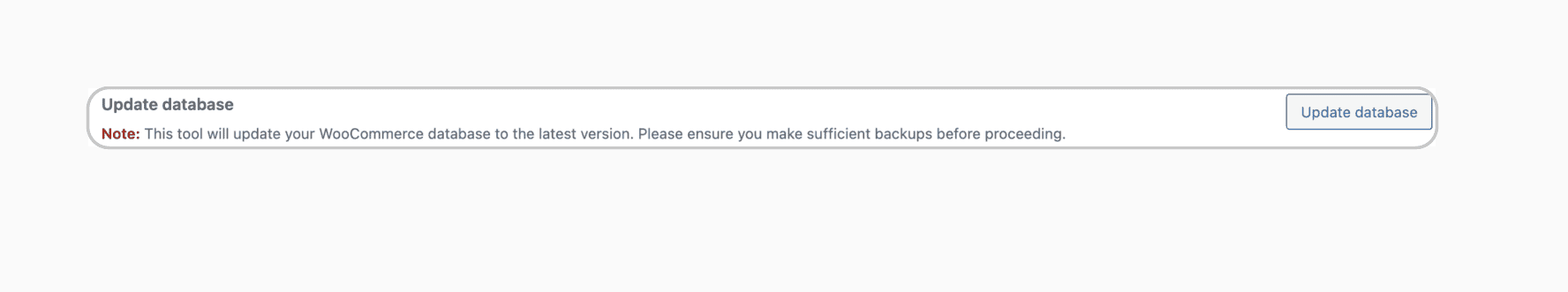 WooCommerce database update prompt with the Update database button